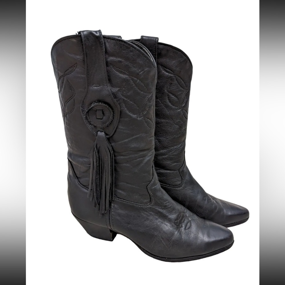 LAREDO *Sz 7 M* WOMENS LEATHER COWBOY BLACK BOOTS Concho & Tassel